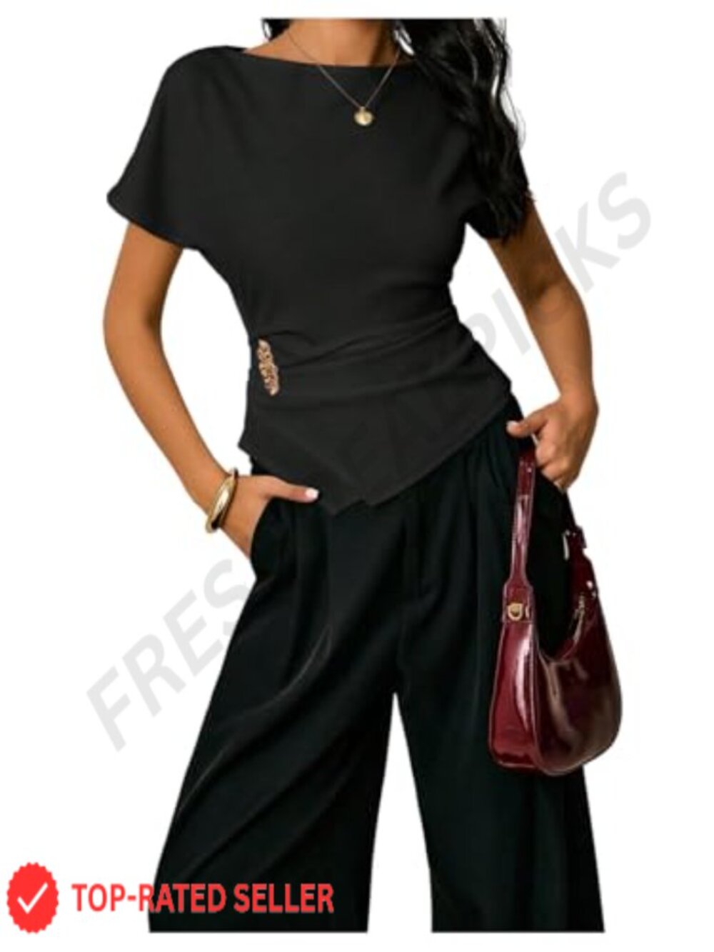 Asymmetrical Dressy Blouse Cinched Waist Elegant Business Casual Top